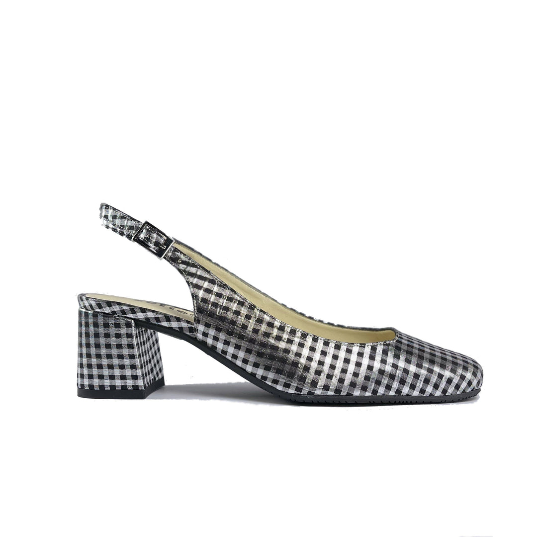 'Jeanne' vegan textile slingback heel by Zette Shoes - metallic silver/black gingham