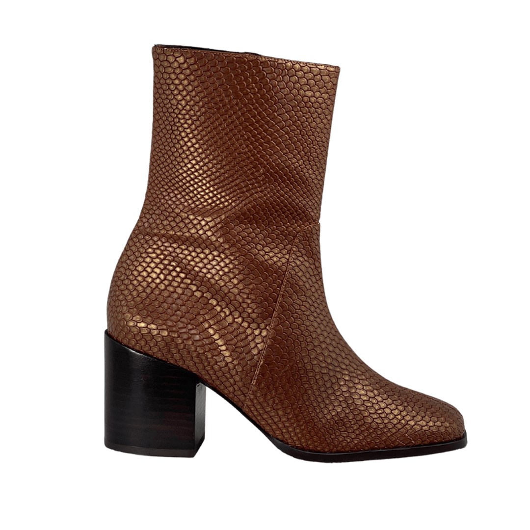 'Menos' faux-snakeskin vegan mid-calf boot by Zette Shoes - cognac